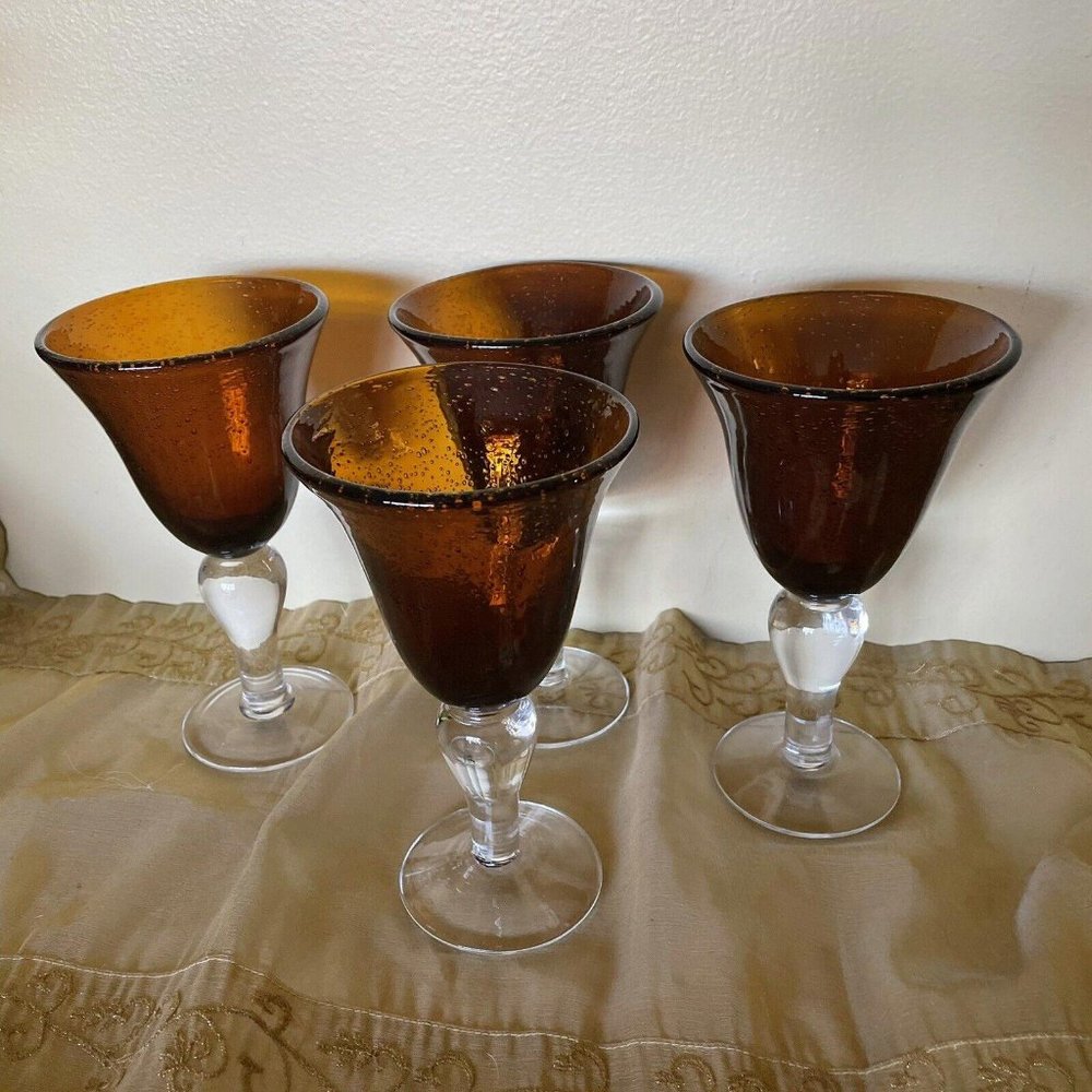 Blown Glass Goblets Bar Amber Gold Brown Clear Stem Set Of 2 (4 Available)